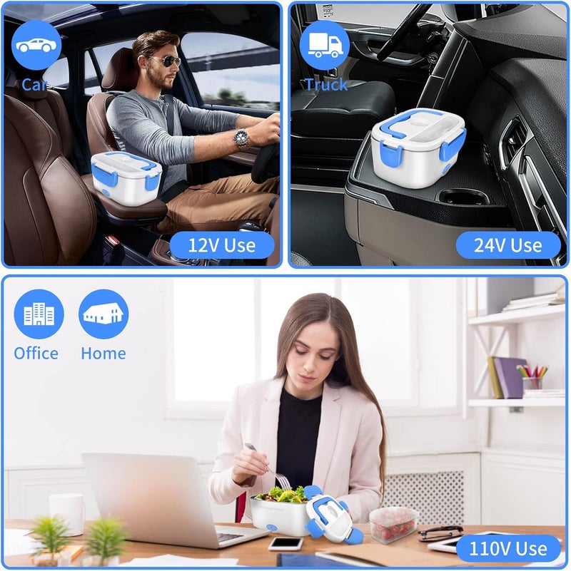 CHARMDOO Electric Lunch Box, Food Warmer Heater 12V 24V 110V, 80W Faster Heated Lunch Box for Car/Truck/Home Portable Heating Boxes with 1.5L 304 SS Container Fork & Spoon, White+Blue - Image 2